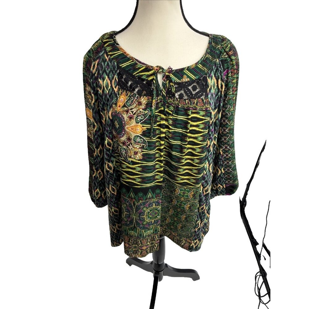 Fig and Flower Wome's Size M Boho Patchwork Print Peasant Blouse Tie Neck